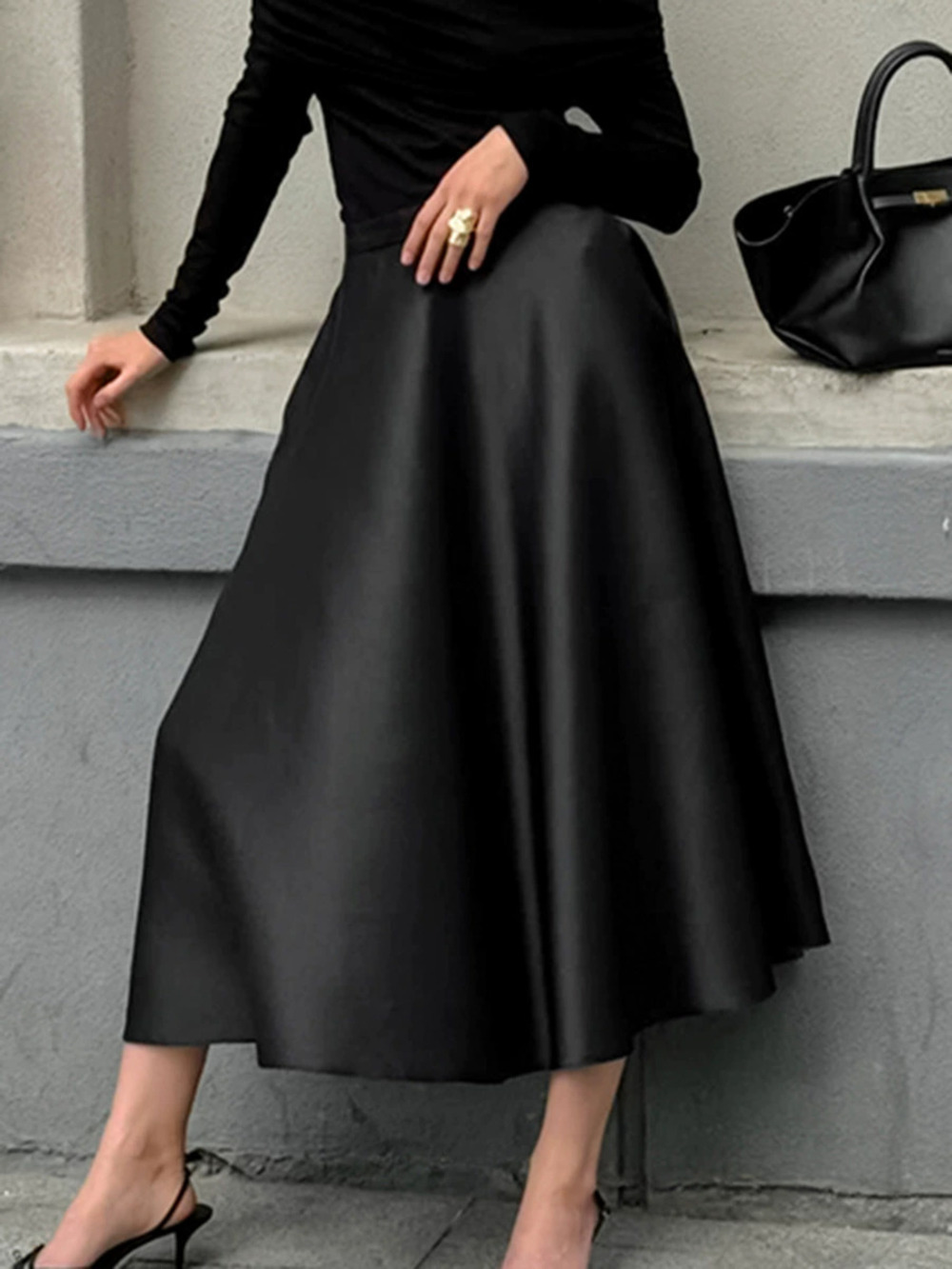 Forever 21 Satin High Waist A-Line Flared Midi Skirt Black Fall